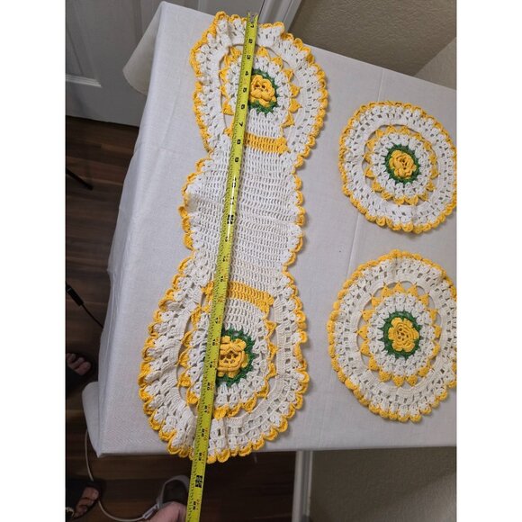 Handmade Crochet Doily Set 3 Pieces Yellow & White Floral Design - Picture 2 of 4